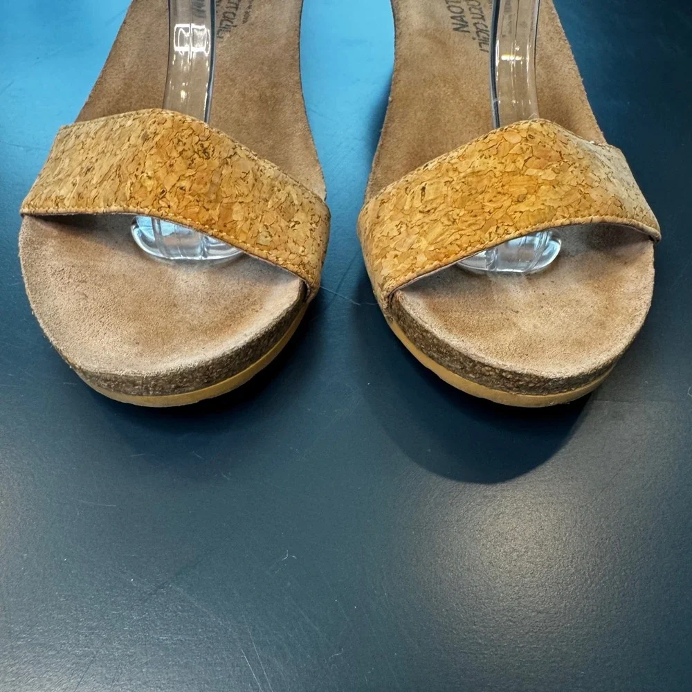Naot Women 6-6.5 EU 37 Beige Gold Leather Cork Wedge Sandals Ankle Strap Israel